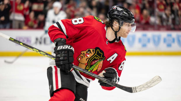 Patrick Kane skates during warmups